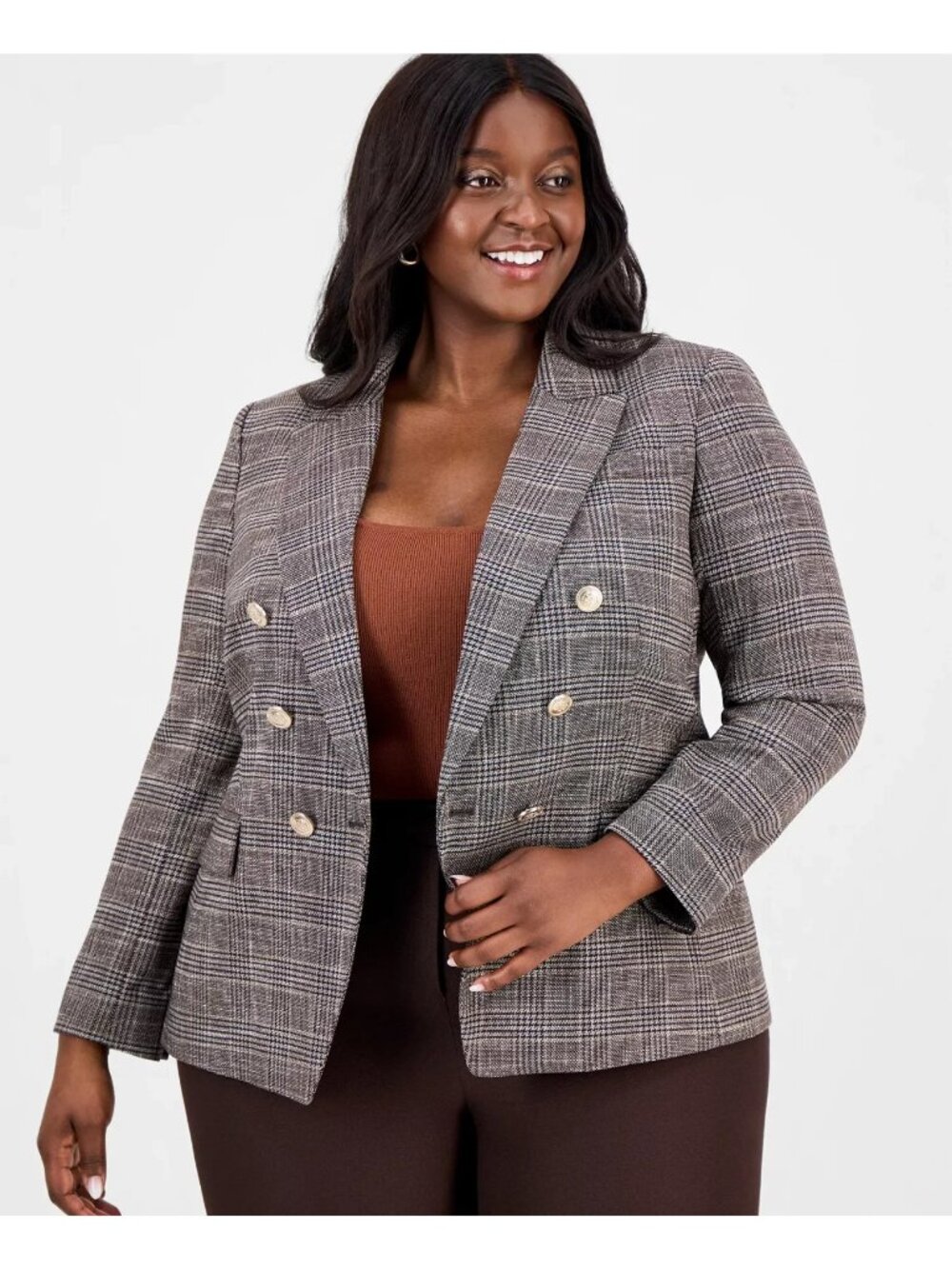 Tahari ASL Plus Size 14W Brown Plaid Peak Lapel Double-Breasted Blazer $179